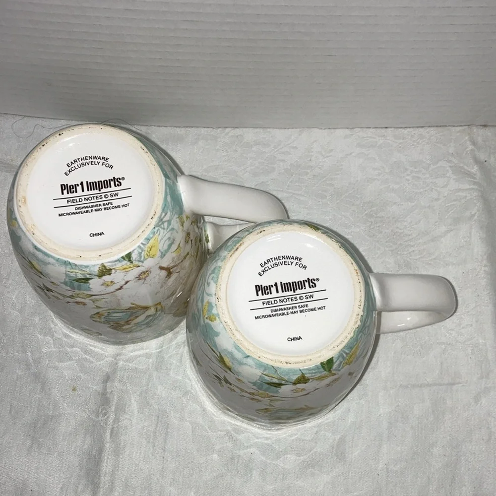 Pier 1 Imports Earthenware Field Notes Butterfly Garden Large Mugs Cup Set of 2